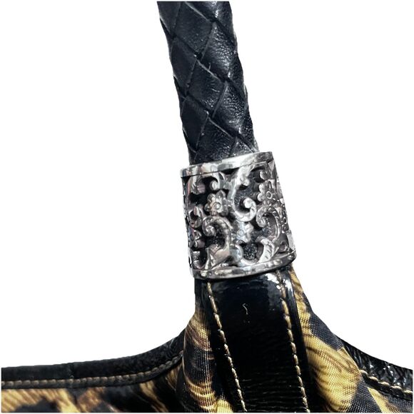 Brighton Leopard Print Satchel Tote Bag Black Patent Trim Woven Handles Filigree - Picture 6 of 11